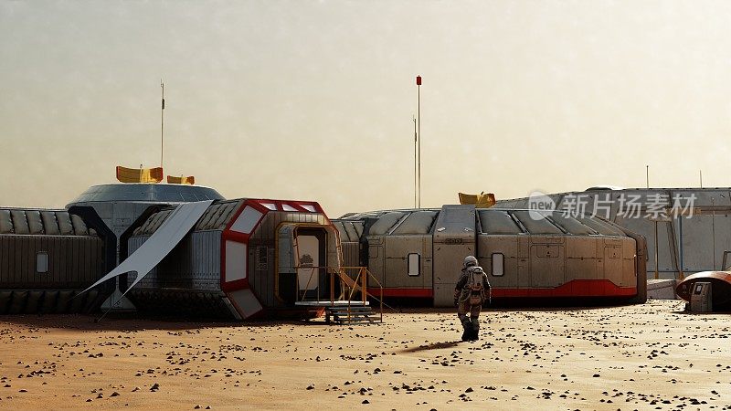 宇航员在布满灰尘的天空下带着模块化结构接近火星基地，进行殖民。三维渲染
