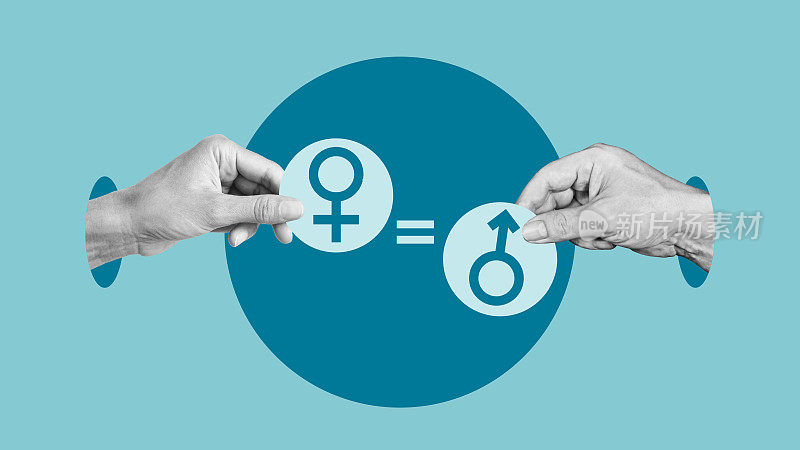 性别平等或比较。手握男女性别标志的拼贴画。爱，自由和意识