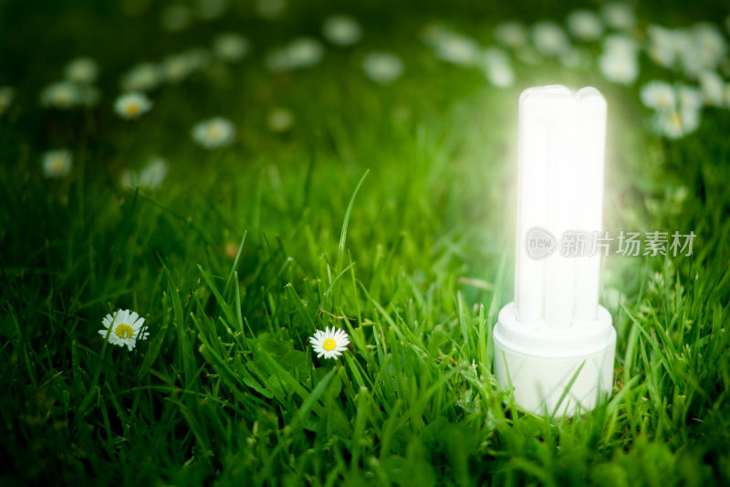 绿色草地上发光的节能灯泡。