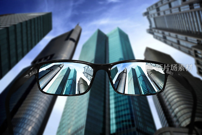 眼镜，视觉概念，摩天大楼