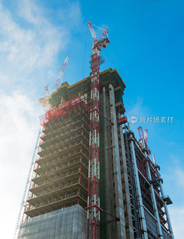 摩天大楼的建筑工地，蓝天为背景
