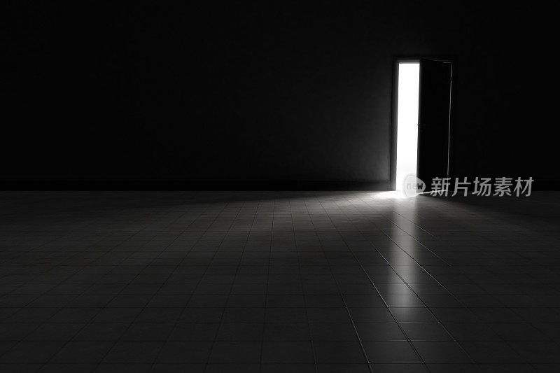 通往有明亮灯光的黑暗房间的门。背景说明。
