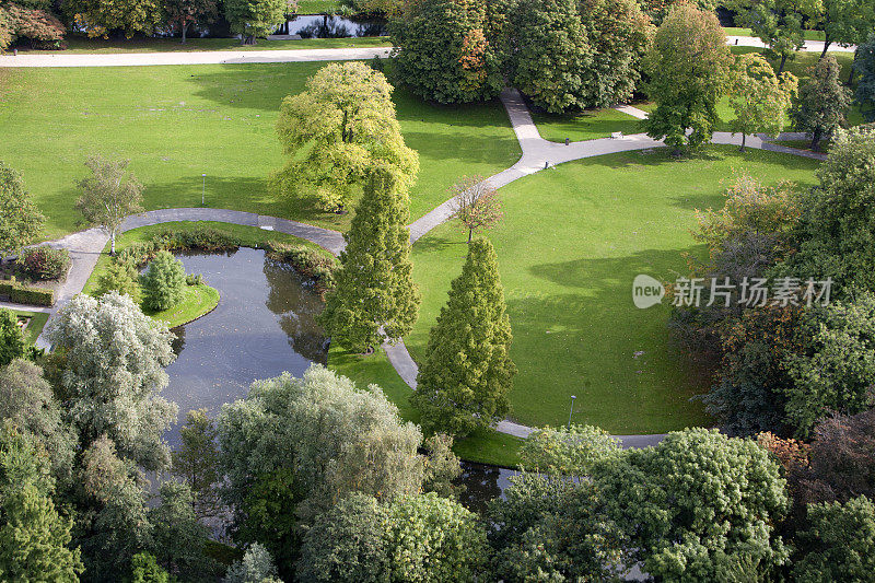 公园中人行道、树木和池塘的鸟瞰图