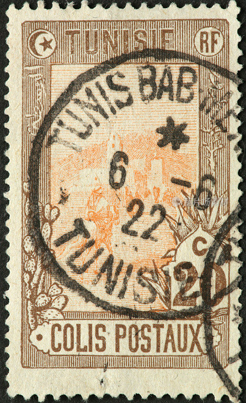 非常古老的突尼斯邮票骑手正在接近城市