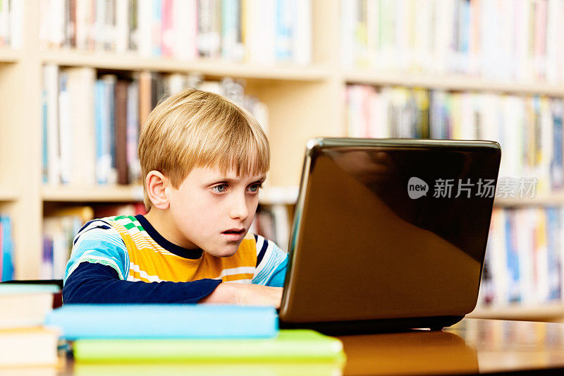 图书馆里的小男孩被笔记本电脑的形象迷住了