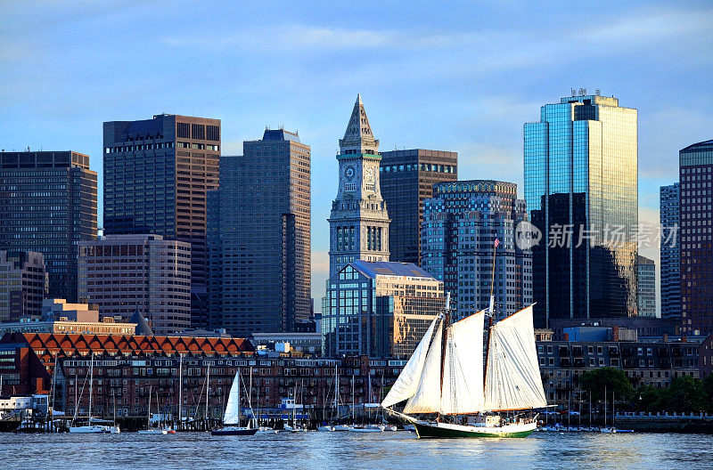 沿着波士顿港天际线的纵帆船