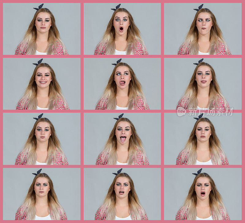 年轻女子做了各种各样的面部表情