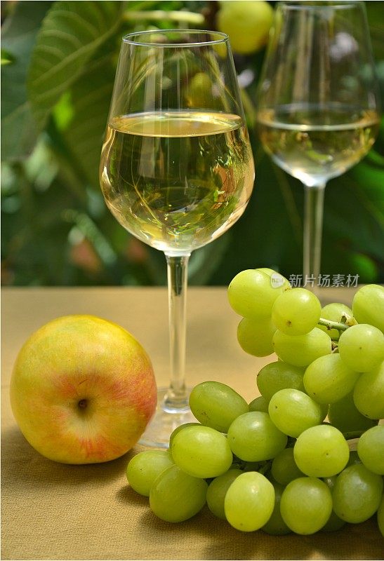白葡萄酒和水果与无花果树的背景