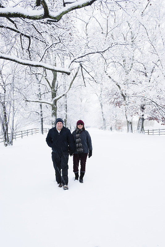 XXXL:一对成熟的夫妇走在乡间的雪地上。