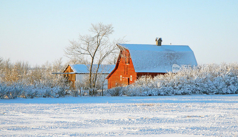 红色谷仓的冬季场景