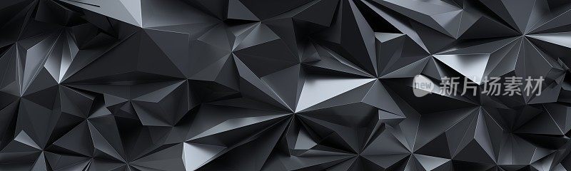 3d渲染，抽象黑色水晶背景，面纹理，全景，宽全景多边形墙纸