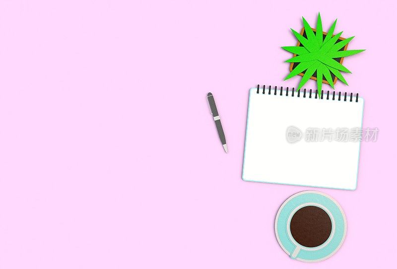 俯视图图像打开笔记本与空白页旁边的咖啡杯在粉红色的桌子上。可以添加文本或模型。纸艺术和工艺风格。