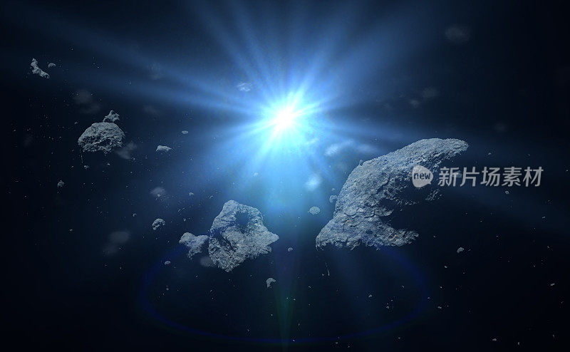 一群被太阳照亮的小行星(3d插图)