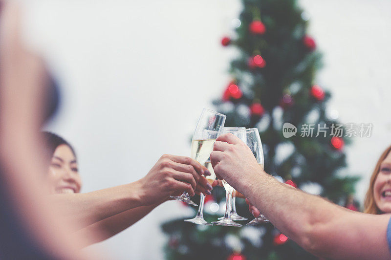 一群人用香槟和圣诞树敬酒。