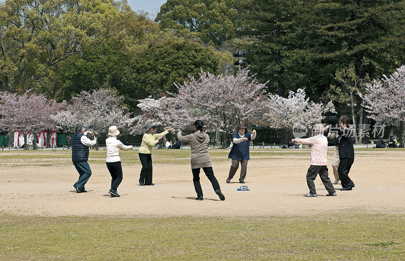 一群在日本做太极练习的妇女