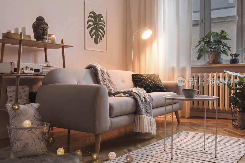 时尚的斯堪的纳维亚室内设计沙发，海报，植物，书架，咖啡桌，舒适的毯子和模拟框架。白色背景墙，棕色镶木地板。晚上的照片。