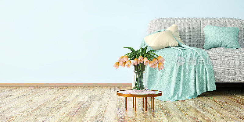 现代客厅室内设计，沙发、茶几、花卉三维效果图