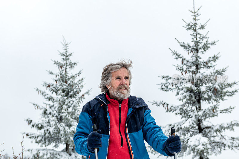 在欧洲的斯洛文尼亚，朱利安阿尔卑斯，一个成熟的男人正在散步，享受着冬日的田园风光
