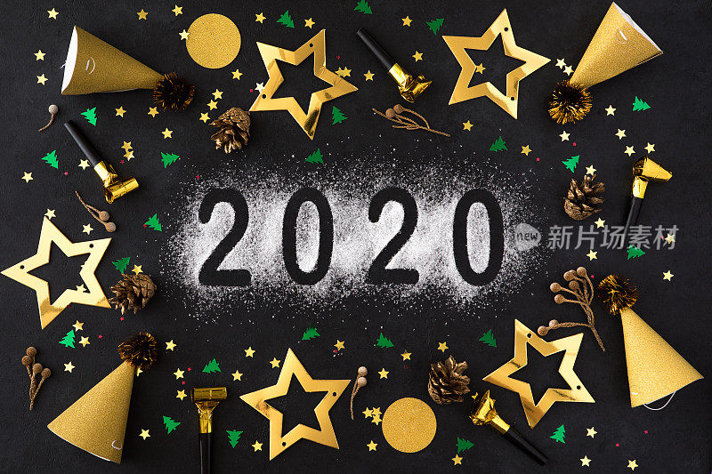2020年新年快乐。黑色背景上的2020号符号。