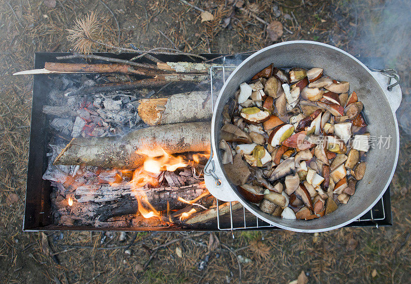 在火上煮蘑菇。