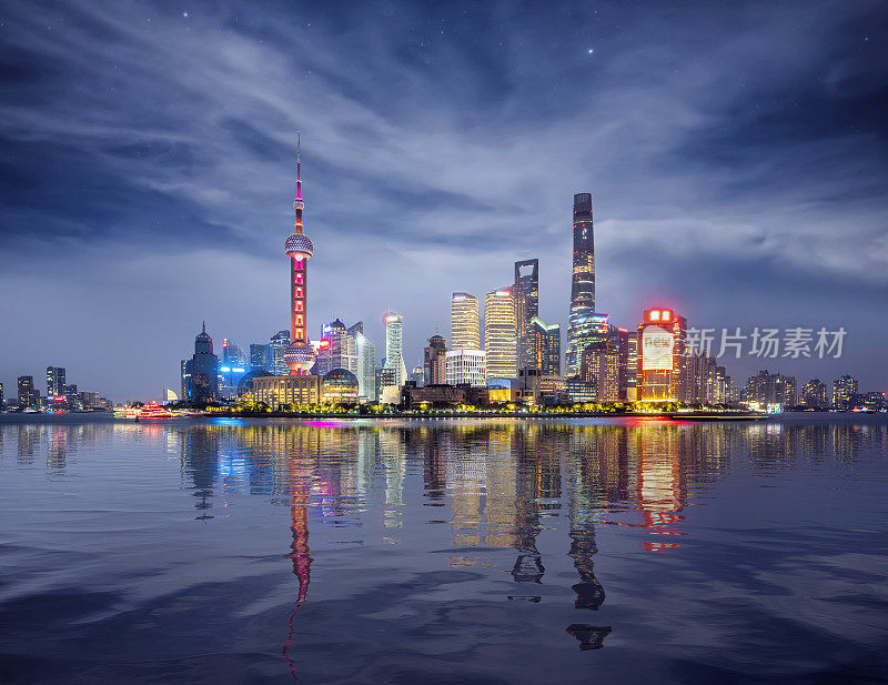 上海夜景，黄浦江畔的中国城市天际线