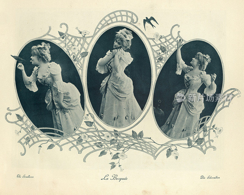 美丽的年轻女子与燕子唱歌，维多利亚19世纪