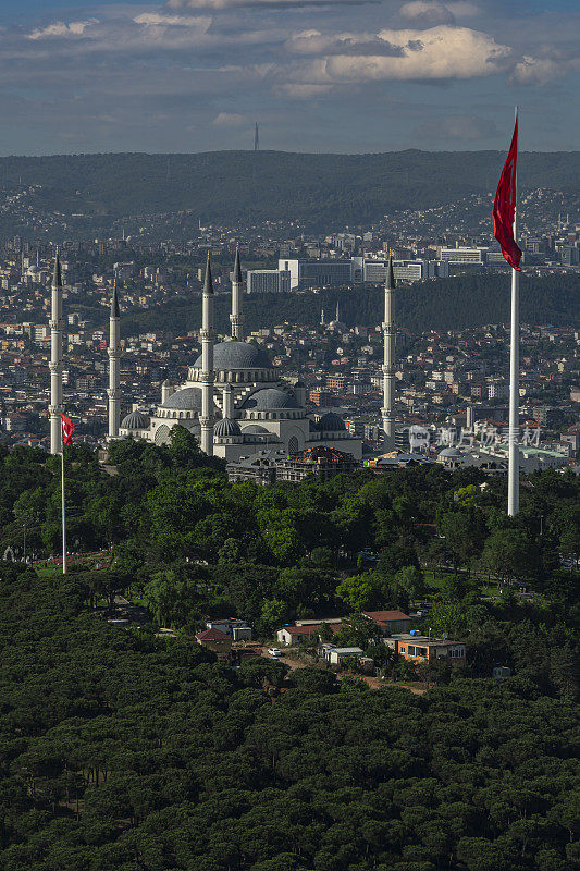 从伊斯坦布尔亚洲一侧的Camlica塔俯瞰城市、博斯普鲁斯海峡和Camlica清真寺。