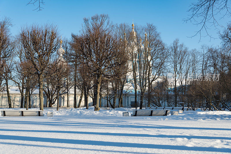 从斯摩尼公园看到斯摩尼大教堂。阳光灿烂的冬日。圣彼得斯堡,俄罗斯。