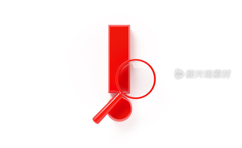 红色放大镜坐在红色感叹号上白色背景