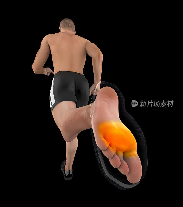 3D插图的一个人跑步突出脚伤