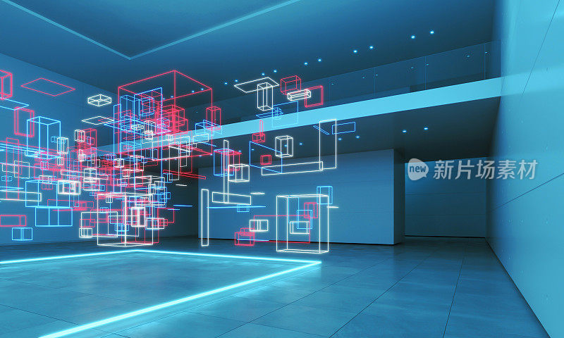 空荡荡的现代画廊，蓝色的光充满了类似数字数据的发光块