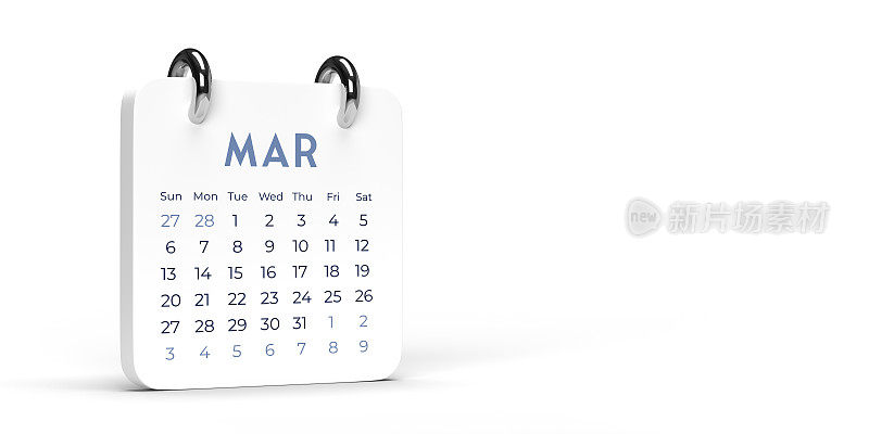 白色三月，三月，桌面日历2022在空白背景与副本空间。