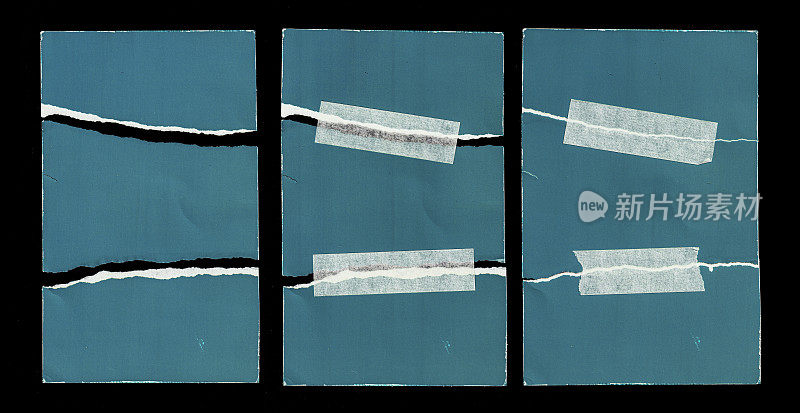 老蓝空老撕裂撕裂损坏的纸硬纸板照片卡孤立在黑色。胶粘透明胶带片。扫描。折叠的边缘。粗糙的Grunge破旧的刮痕纹理。心疼覆盖表面的混合媒体拼贴。