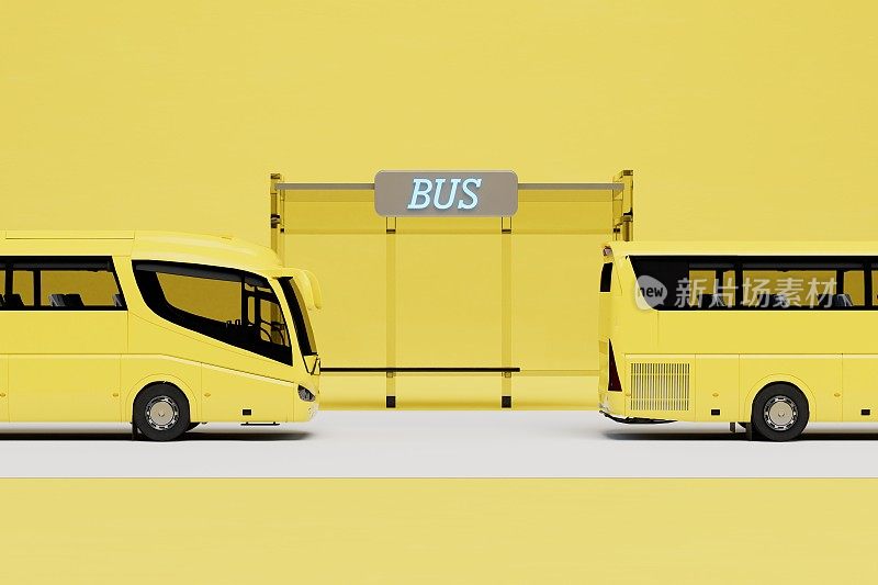 停下来等公共汽车。黄色背景下的公交车站旁边的黄色公交车。三维渲染