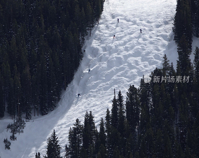 陡峭的mogul滑雪场和滑雪者的长焦视图。阿斯彭高地滑雪场。美国科罗拉多州的阿斯彭。