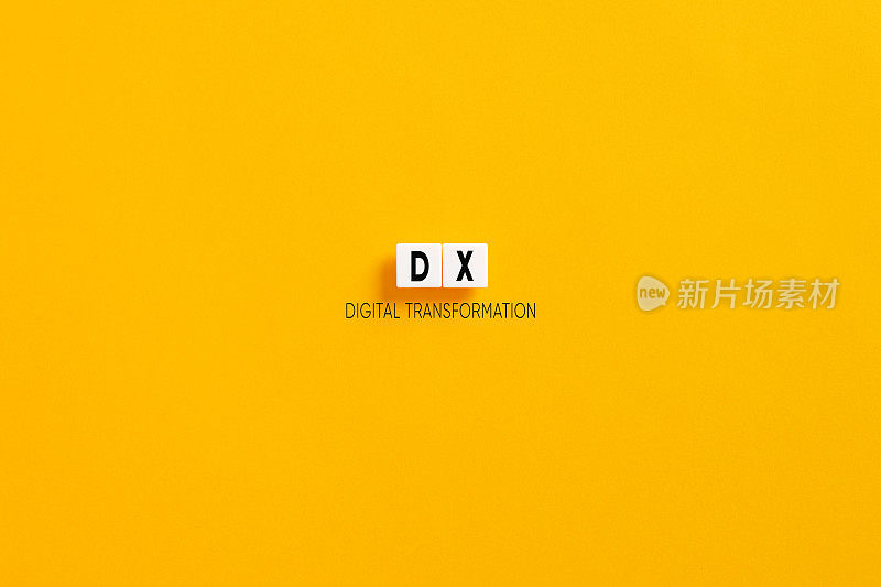 白色字母块在黄色背景与首字母缩写DX数字转换。