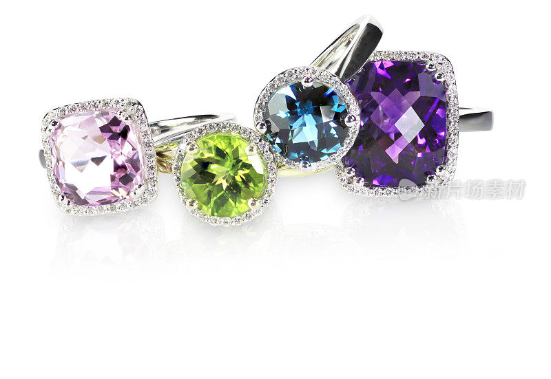 排成一排的五彩彩虹钻石光环宝石戒指