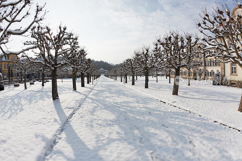 雪栈道穿过冬季公园温泉浴场别墅德国