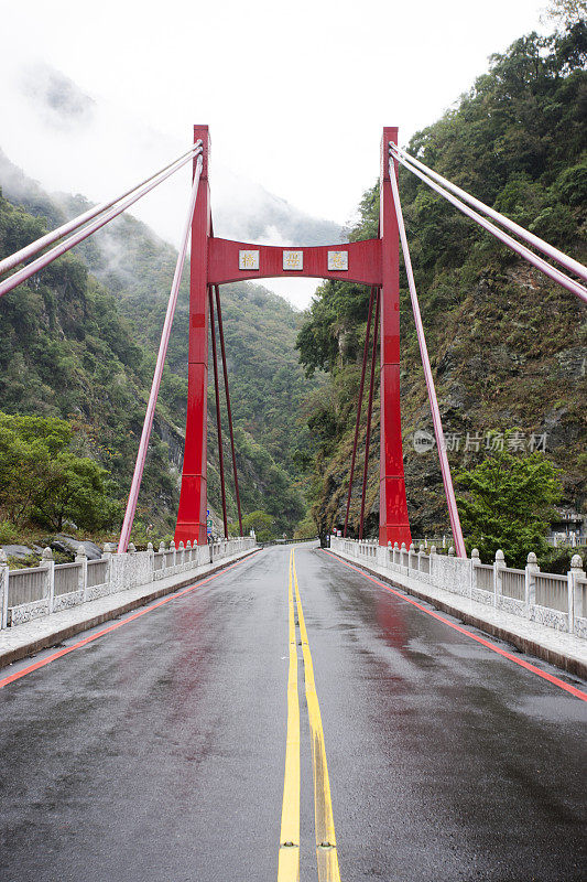 悬索桥横跨树木覆盖，雾气弥漫的山谷，台湾