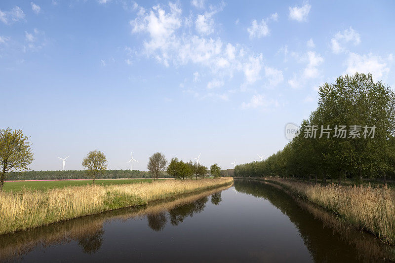 运河穿过风景优美的荷兰景观，背景是风力涡轮机(XXL)