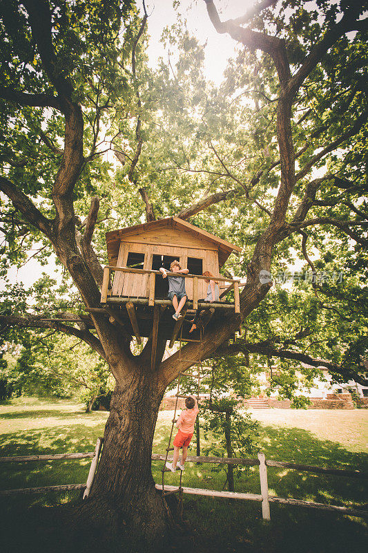 孩子们坐在树屋里，一个朋友在爬树