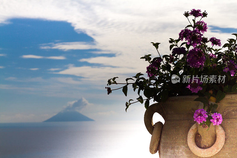 风沙群岛海景:烟熏火山斯特龙博利，鲜花前景