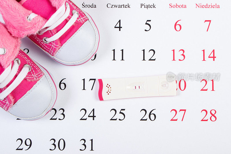 孕检结果阳性，婴儿鞋日历上有抛光铭文，期待婴儿概念