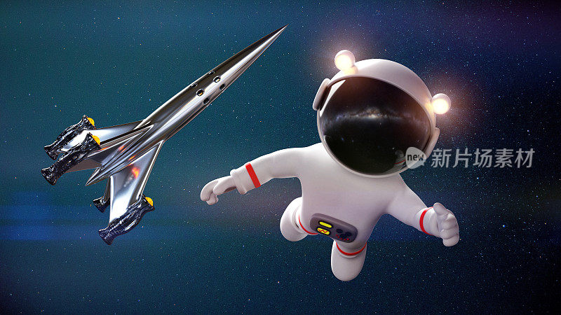 可爱的白色卡通宇航员角色在太空行走与宇宙飞船