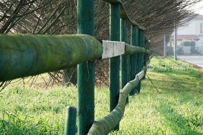 篱笆在绿色的田野附近的道路，很好的背景