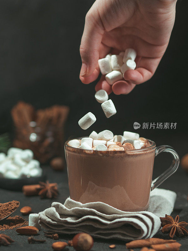 棉花糖落在热巧克力可可杯里