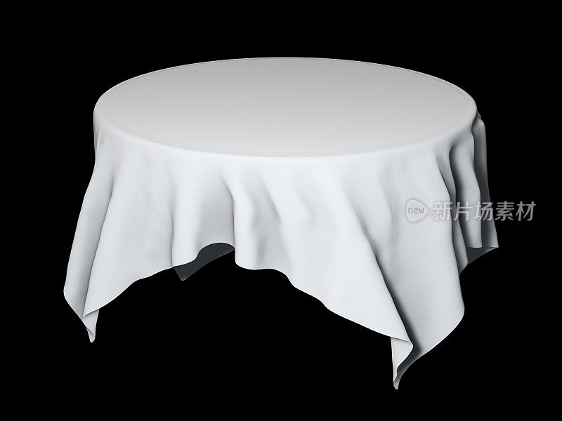 白色圆桌布模型孤立在黑色。三维演示