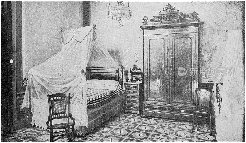 美国陆军黑白照片:古巴哈瓦那一家酒店的卧室