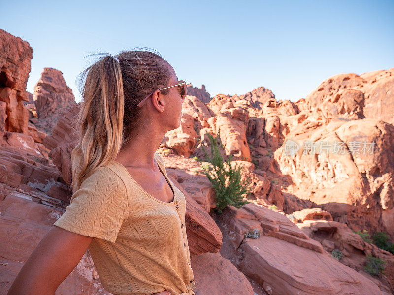 一个徒步旅行者凝视着红色砂岩峡谷