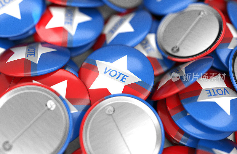 投票选举徽章按钮，投票美国，3D渲染
